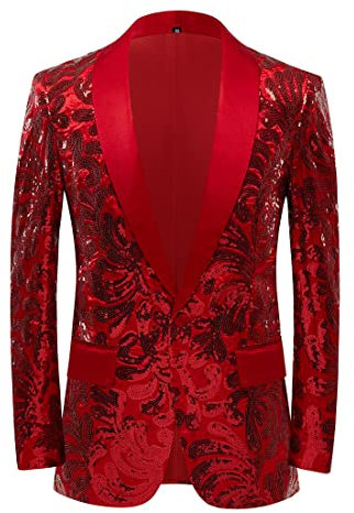 PYJTRL Herren-Blazer mit elegantem Satingesicht und Pailletten, Blumenmuster (XS, rot)
