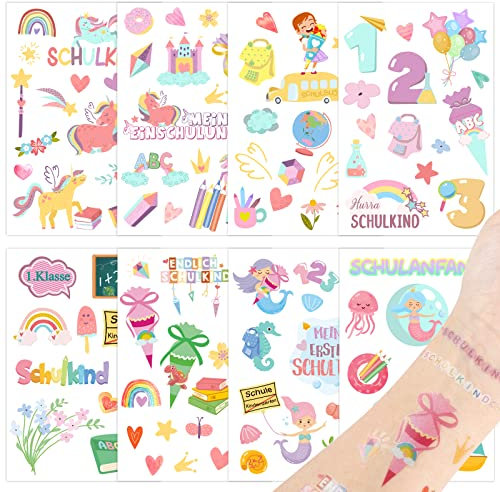 Einschulung Tattoos Mädchen 8 Bögen 10x15cm Schulkind Tattoos Kinder Schulanfang Aufkleber Einschulung Kindertattoos für 1. Schultag Geschenk Schuleinführung Mitbringsel Einschulungsfeier usw.