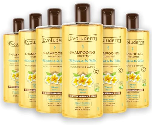 EVOLUDERM - Shampoing Hydratant Monoï à la Folie - 400 ml - 95% d'Origine Naturelle - Végan - Fabrication Française - Lot de 6 x 400 ml