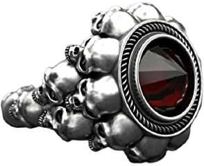 Totenkopf Ring für Männer, Gothic Dämon Schädel Kopf Ring, Geburtsstein Tod Schädel Skelett Ring, Punk Rock Edelstein Schädel Ring, Hip Hop Halloween Schädel Biker Ring