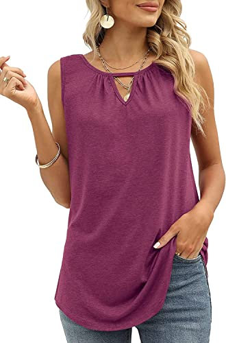 Cuptacc Top Damen Sommer Mode V Ausschnitt Ärmellose Blumendruck Kleidung Fashion Tunika Loose Fit Tank Tops Lila Groß L 42-44