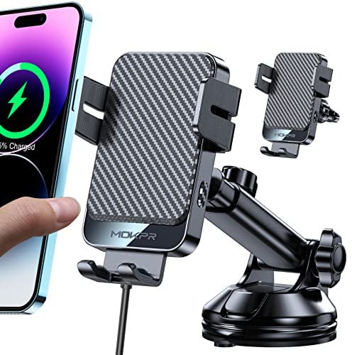 MOKPR Wireless Car Charger, 15W Fast Charging Auto Clamping Car Phone Holder Wireless Charger Suction Holder Dashboard Compatible for iPhone 16 15 14 13 12 Pro Max Xs,Samsung Galaxy S25 S24 S23 S22