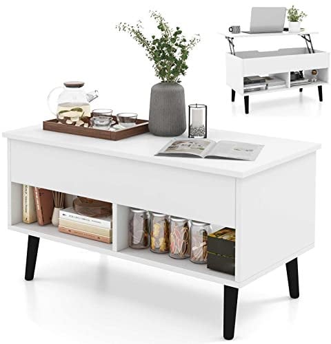 CASART Lift Top Coffee Table, Wooden Lifting Sofa Tea Table with Hidden Compartment & Open Shelves, Home Office Floating Retractable Snack Coffee Tables for Living Room Bedroom Study (White)
