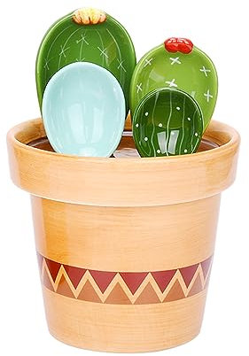 Cute Cactus Measuring Spoons Set in Pot Organizer,5 Pieces Ceramic Measuring Cups Set for Kitchen Dry Wet Ingredients, Liquid Food,Salt and Sugar,Kawaii Cactus Figurine Spoon with Base Cup (Blue)