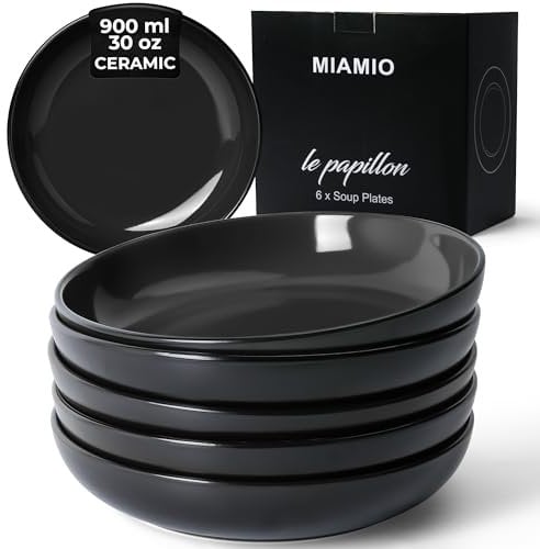 MIAMIO – 900 ml / 22 cm Set of 6 Pasta Bowls/Salad Bowls, Pasta Plates Wide and Shallow Bowl, Large Ceramic Stoneware Deep Plate Serving Soup - Le Papillon (Black)