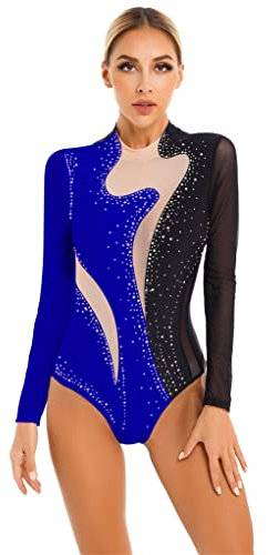 TTAO Damen Glänzende Ballettanzug Ballettbody Sport Tanz Body Gymnastikanzug Trikot Langarm Bodysuit Metallic Einteiler Turnanzug Leotards Schwarz & Königsblau B L