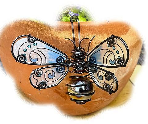 Honey Bee Pot Hanger Blue Glass Wings Garden Flapping Bee Flower Planter Decor