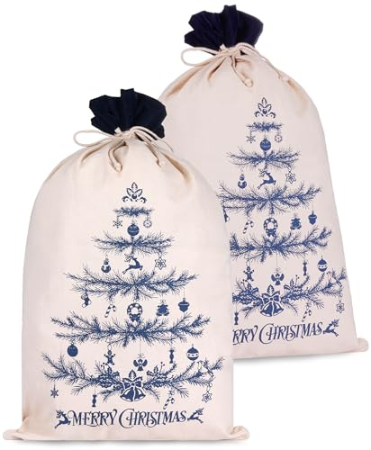 BRUBAKER Weihnachtssack Tannenbaum Blau - 80 cm Geschenksack Weihnachten - Nikolaussack Sack Baumwolle mit Kordel zum Verpacken von Geschenken - Weihnachtsbaum geschmückt - 2 Stück