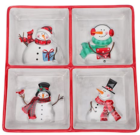 JOEBO Piatto da portata natalizio in ceramica con pupazzo di neve, snack, antipasto, piatto da dessert quadrato diviso piatto da portata per Natale vacanza decorazione tavolo da pranzo