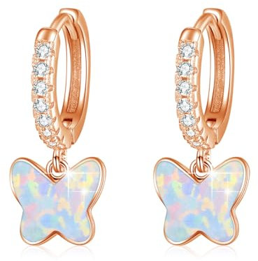 MEDWISE Schmetterling Creolen Roségold Mädchen 925 Sterling Silber Opal Ohrringe Hängend Opal Kleine Ohrringe Schmetterling Schmuck für Damen Frauen Kinder Tochter Enkelin