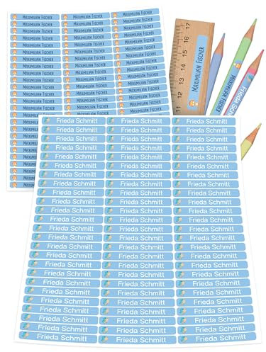 StiKiddo® 150 Stück Namensaufkleber Kinder für die Schule - Personalisierte Aufkleber, Ideal für Stifte & Schulsachen, Made in Germany - Blau