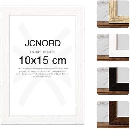 JCNORD Weißer MDF Holz Bilderrahmen 10x15 cm mit bruchsicherem Acrylglas | Moderner Fotorahmen für Wände und Tische