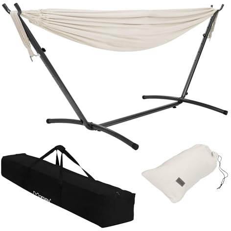 ML-Design Doppel Hängematte mit Stahlgestell, Beige, Platz für 2 Personen, Indoor & Outdoor, XXL Hängesessel mit Tragetasche, Hängemattengestell, Doppelhängematte mit Ständer, für Garten & Balkon
