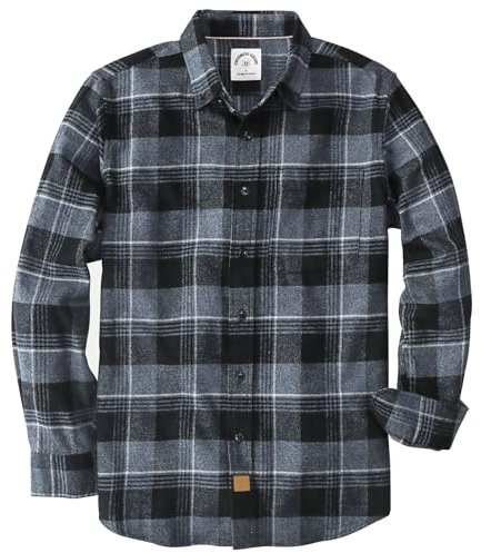 Dubinik® Chemise en flanelle pour homme 100 % coton, chemise à carreaux en flanelle à manches longues, douce, décontractée, à boutons, noir/gris, Taille L