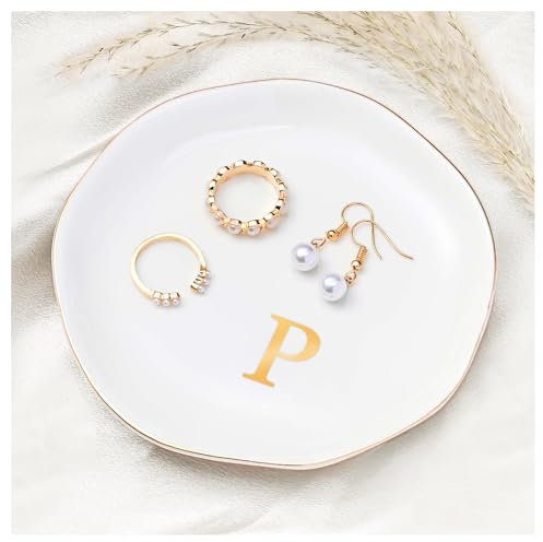 Procase Bandeja para Joyas, Organizador Plato de Cerámica con Monograma de Joyería Guardar y Exhibir Joyas Pendientes Anillos Pulseras y Collares -P