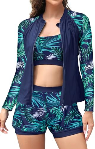 SHEKINI Frauen 3-teilige Reißverschluss Rash Guard Badeanzüge mit Tank Bikini Top für hohe Taille Boyshort (Tiefblauer Druck, Medium)