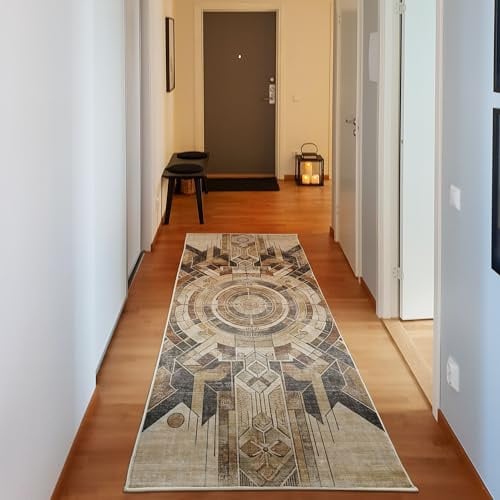 ABAKUHAUS Abstraktes Boho Dekorativer Teppich, Erdiges einheimisches Motiv, Hochwertiger Flächenteppich für Schlafzimmer und Wohnzimmer, 76x229 cm, Blasses Kamel