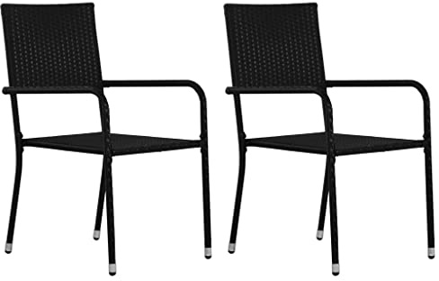 vidaXL Garten Essstühle 2 STK., Essstuhl Stapelbar mit Stahlrahmen, Gartenstuhl Sessel für Garten Balkon Terrasse, Gartensessel Stuhl Stuhlset, Schwarz Poly Rattan