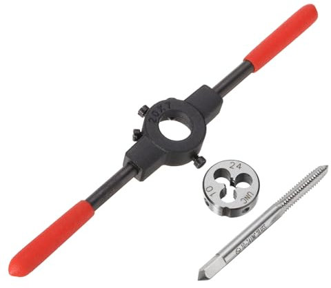 QUARKZMAN Juego de Machos y Terrajas Unc 10-24 de 20 mm con Mango de Llave de Terraja Redonda con Mango de Plástico, Macho de Roscar de Acero de Alta Velocidad