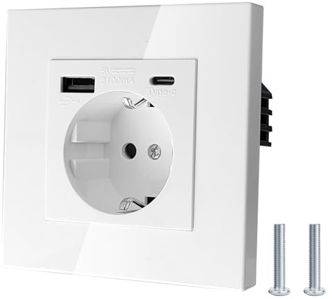 Enchufe de pared blanco de 8,5 x 8,5 cm, enchufe individual de pared, enchufe con USB-A y Type-C, enchufe de 1 bandeja, enchufe de pared 3 en 1, enchufe empotrado para iPhone, iPad Galaxy