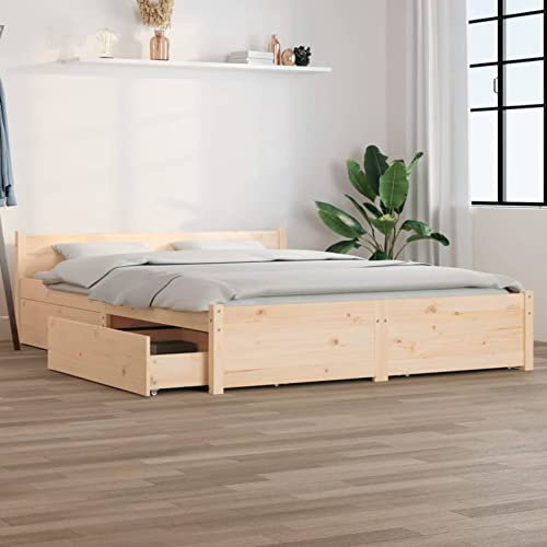 Festnight Massivholzbett Bett 140x200 mit Stauraum Bett 140x200 mit schubladen Holzbett mit Kopfteil und Lattenrost Jugendbett 140x200-Natur-140 x 200 cm