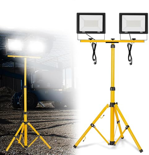 FIVMEN Baustrahler 2x100W 8500LM LED Strahler Arbeitsleuchte mit Stativ und 3m Kabel Stecker Baulampe Flutlicht Wasserdicht IP66 für Garage Werkstatt Baustelle, Kaltweiß