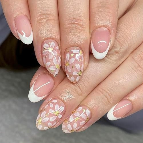 Elegant French Tip Press On Nails with Flowers - Short Almond Shape Acrylic Nails, 24 Pcs, 12 Sizes, Long-Lasting, Easy to Apply, Perfect for Any Occasion