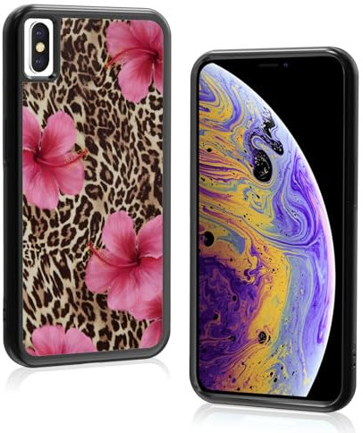 Axulimin Cute Pink Hibiscus Flowers Leopard Cheetah Print Aesthetic Phone Case for iPhone Xs Max Case for Women Girls -6.5Inch