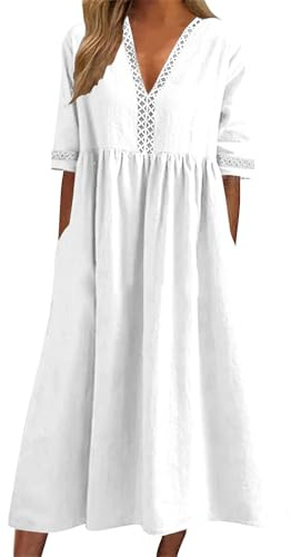 Nuoke Robe Longue Maxi pour Femme, Tendance, Manches Courtes, décontractée, été, Plage, Vacances, Soleil, col en V, Dentelle à œillets, Coton et Lin, 2025 Robe De Marier