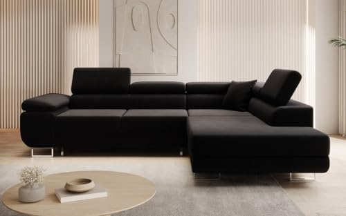 Luxusbetten24 Designer Sofa Aston mit Stauraum und Schlaffunktion | Bezug: Samt | Farbe: Schwarz | Stellvariante: Rechts
