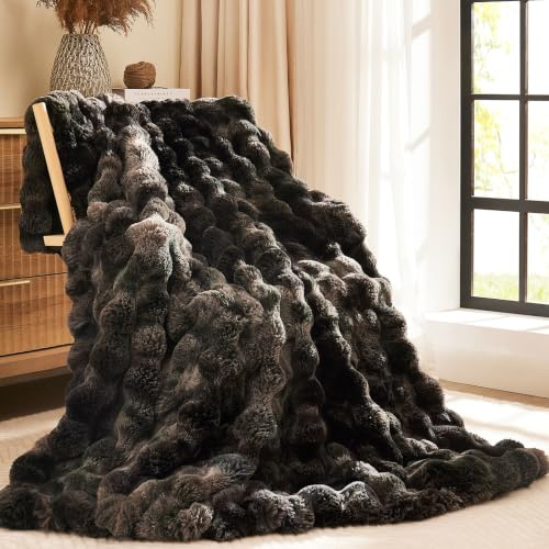 L'AGRATY Faux Rabbit Fur Blanket: 130x160cm Luxury Soft Fluffy Thick Fur Throw Blanket for Couch Bed Sofa - Cozy Plush Bubble Blankets with Warm Flannel Fleece(Single,Ash Black)