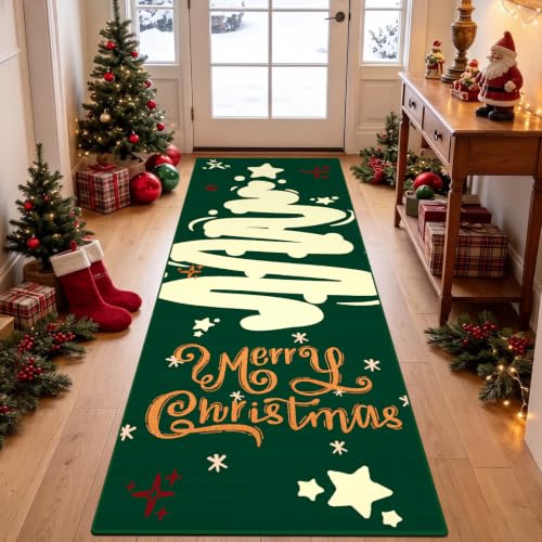GEANUP Weihnachtsteppich Läufer 60x180cm Waschbar Weihnachtsbaum Grün | Rutschfest Küchenläufer, Weicher Teppichläufer, Kurzflor Flurteppiche Läufer für Schlafzimmer Waschküche Winterdekoration