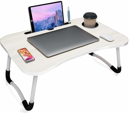 NTEK Laptop Desk, Laptop Bed Table with Foldable Legs & Cup Slot, Tablet Holder, Breakfast Tray, Portable Lap Desk for Sofa, Bed, Couch, Reading & Writing, Watching Movies (WHITE)