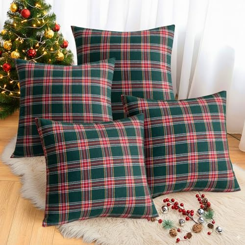 PLODAXE Kissenbezug Weihnachten 45x45cm, 4er Set Kariert Weihnachtskissenbezüge, Dekorative Weihnachten Kissenhüllen Plaid, für Sofa Schlafzimmer Wohnzimmer Auto Xmas Deko (Rot und Grün)