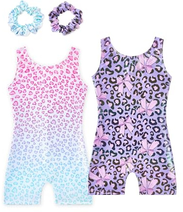 Tstiti Gymnastics Leotards for Girls 2 Pack Sparkly Kids Biketards Dance Unitards Matching Hair Scrunchies Leopard Print Bow 3-4T