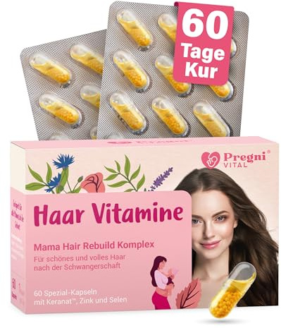 PregniVital - KERANAT Haar Vitamine - Mama Hair Rebuild Komplex mit 300mg Keranat (flüssiger Hirsesamenextrakt, Miliacin, Linolsäure und Ceramiden) + Zink und Selen - 60 Haarkapseln