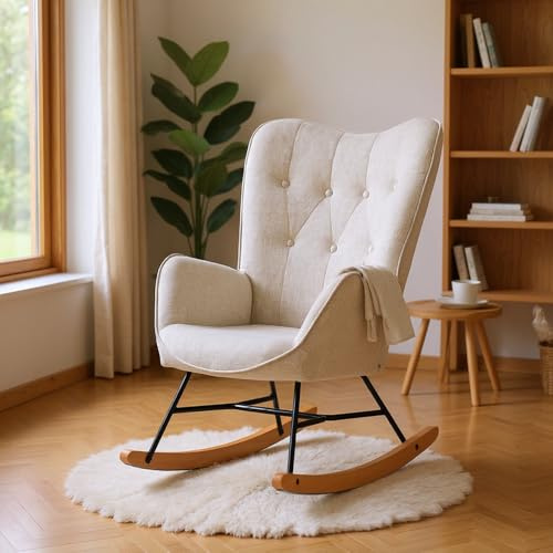 MEUBLE Cosy Relaxsessel, Bequemer Schaukelstuhl, Schaukelsessel für Wohnzimmer aus Stoff mit Holz und Metallfüßen, Knopfdekoration