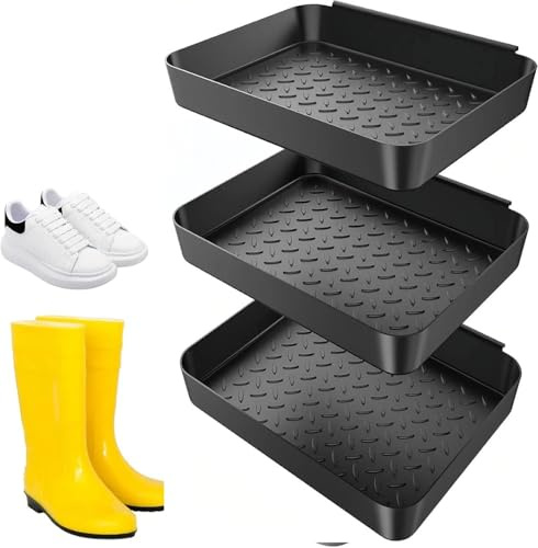 Kiuiom Juego de 3 Bandejas para Goteo de Zapatos,Base para Zapatillas Mojadas,Posazapatos Grande Plástico,Bandeja de Plástico para Zapatos para Lluvia Días y Nieve Temporada,Negro,35 נ27,5 נ3 cm