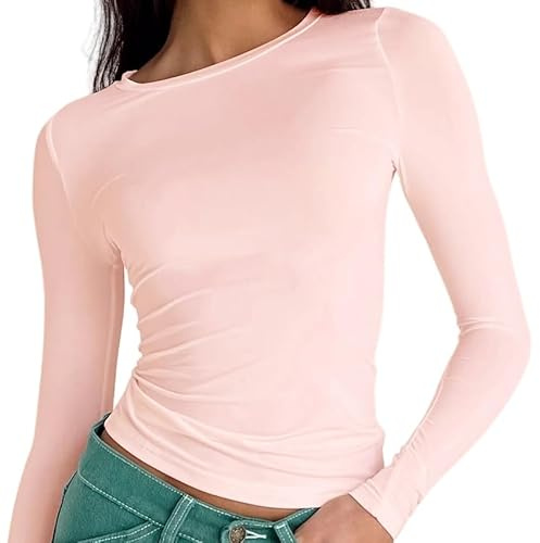 OYIGELZ Tops for Women UK, Light Pink Long Sleeve Tops, T Shirt, Pack of 1 | Y2K Top, Light Pink T-shirts, Sexy Slim Fit Shirts, Basic Crop Tops, Tee Streetwear, Round Neck
