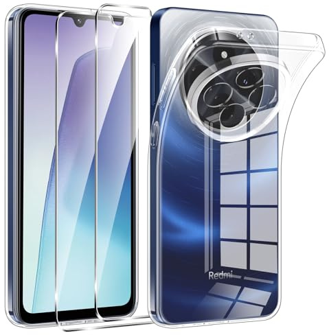 Phoona Cover per Xiaomi Redmi 14C / Xiaomi Poco C75 Custodia con 2 Pezzi Pellicola Vetro Temperato,Ultra Sottile Trasparente Silicone Protettiva Case per Redmi 14C Sottile Morbida Antiurto Cover