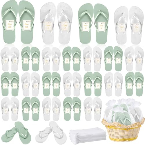 Unittype 24 Pairs Flip Flops Bulk for Wedding Guest Slippers Hotel Guest Spa Slippers Wedding Party Favors Flip Flops with Size Cards Drawstring Bags for Wedding Pool Party