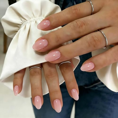 KQueenest Press On Nails Short - Nude Pink False Nails Oval, 32 Pcs 16 Sizes Natural Short Fake Nails Press ons Almond, Reusable Glossy Peach Pink Stick on Artificial Nail for Everyday Office Wear