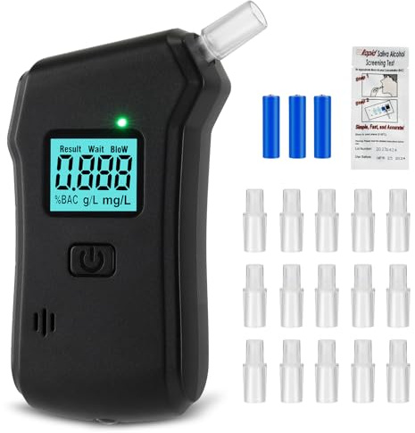 Ethylotest Electronique Homologué NF Ethylometre Éthylotest + Ethylotest Jetable Alcootest Électronique Écran LCD Numerique Test Alcoolémie Homologue Français Portable Personnel avec 15 Embouchures