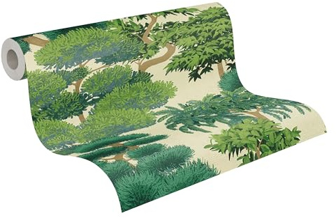 A.S. Création Baum-Vliestapete – Grün, Creme, Beige – 10,05 x 0,53 m | Natürliches Baum-Motivals Akzent – schimmernde Motivtapete im Metallic-Look, einfach zu verkleben & spurlos abziehbar