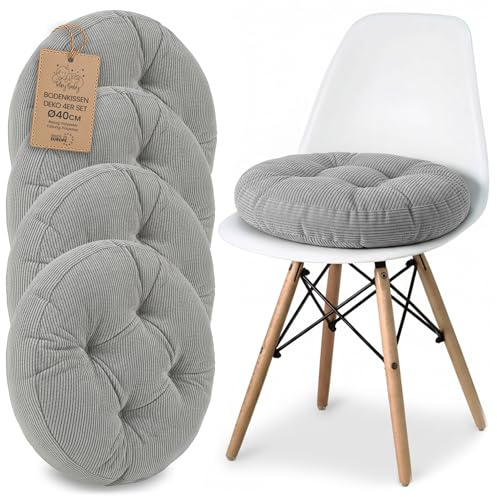 Sitzkissen Rundes Sitzpolster 4er Set 40 cm aus Cord waschbar – Stuhlkissen & Bodenkissen Sitzpolster Stuhlauflage für Esszimmer Wohnzimmer Küche Sitzbank & Hocker Grau
