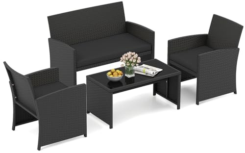 COSTWAY Set Salotto da Giardino 4 Pezzi, Divanetto e Poltrone in Rattan con Tavolino da Caffè in Vetro Temperato, Set di Mobili da Esterno Imbottiti per Cortile, Veranda e Bordo Piscina (Nero)