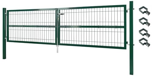 Gartentor Tor 300 x 80 cm Gartenzaun Zaun Doppelflügelig Gartentür aus Metall für Stabmattenzaun Abschließbar inkl. Pfosten Grün V2Aox
