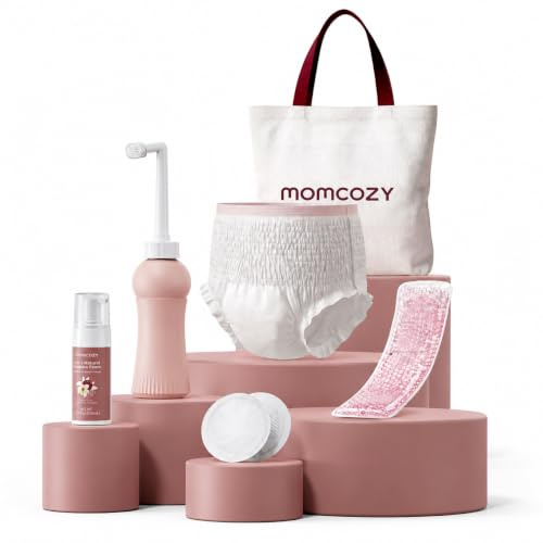 Momcozy Postpartum Essentials Kit 12 Pcs with Peri Bottle, Underwear & Pads | New Mum Gifts After Birth Including Cooling Pads & Natural Foam