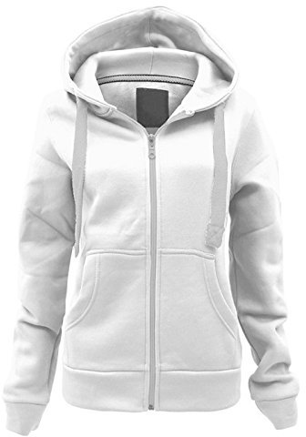 Parsa Fashions Ladies Plain Zip Up Hoodie Womens Fleece Hooded Top Long Sleeves Front Pockets Soft Stretchable Comfortable (White/L UK-12)