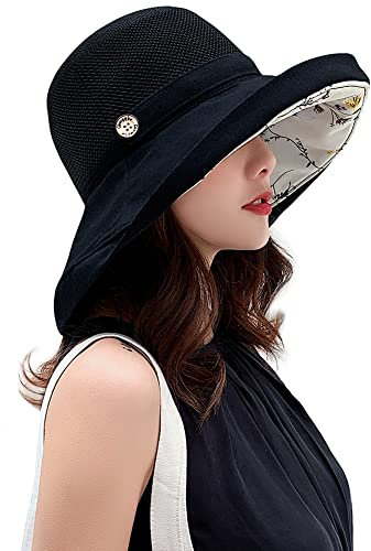 Chapeaux de soleil en maille pour femme - Protection UV UPF - Pliable - Large bord - Mentonnière, noir, Taille M